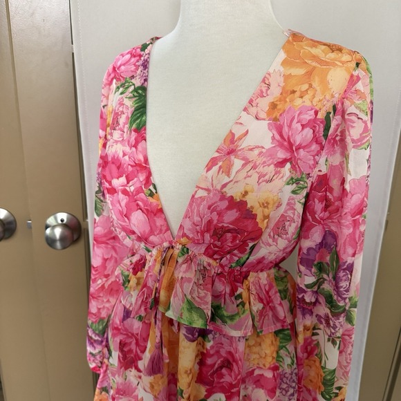 Flying Tomato Womens Medium Floral Deep V-Neck Long Sleeve Knee Length Dress - Picture 2 of 8